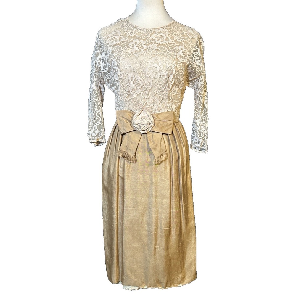 Vintage 1950s Silk & Lace Goldish Mardi Gras Cocktail Dress